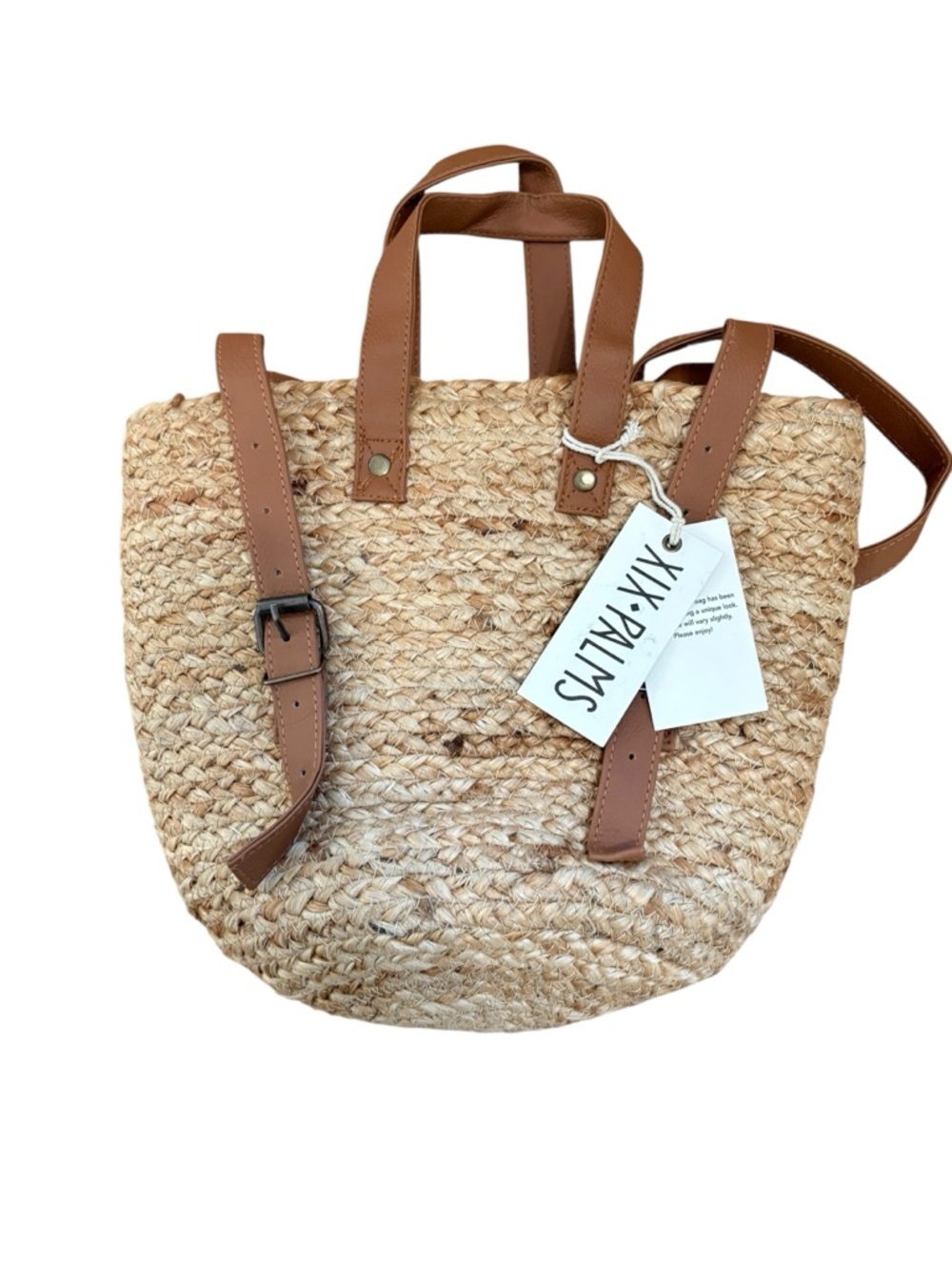 XIX Palms NWT "The Shorebreak" Woven Straw Tote Bag with Vegan Leather Straps